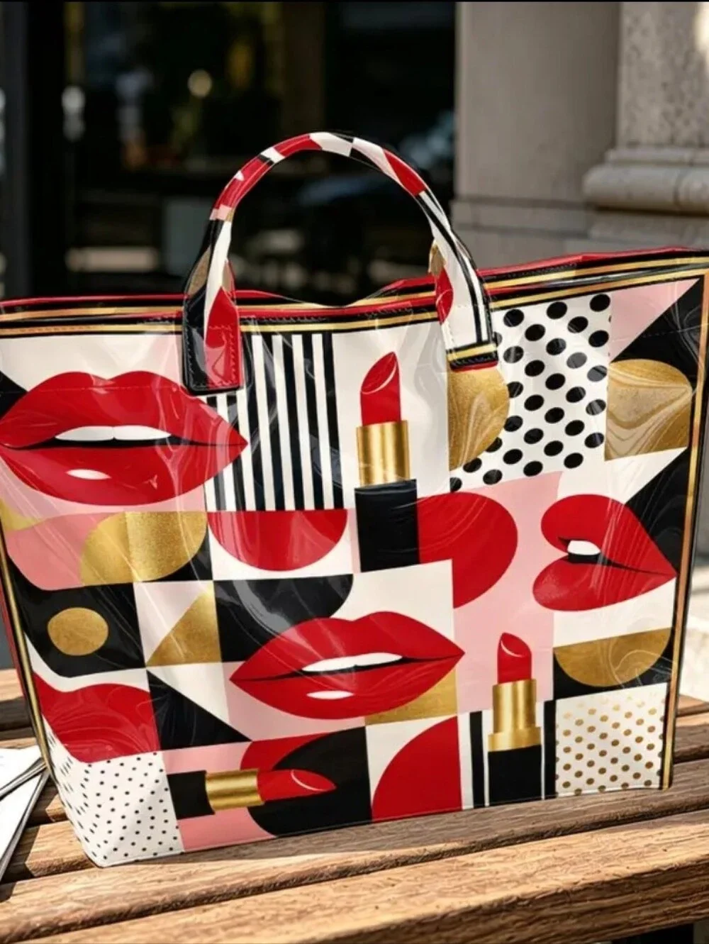 Women Retro Polka Dot Lipstick Print PVC Large Tote Bag